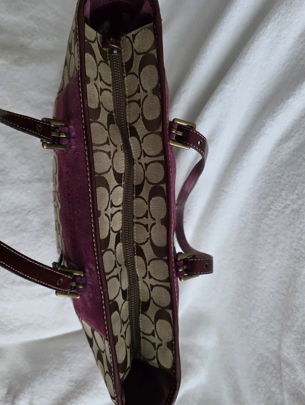 Vintage Y2K Coach Khaki C Wine Purple Suede Patent Trim Gallery Tote Bag RARE!